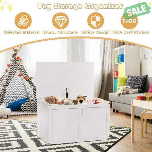 Safety Hinge Wooden Chest Organizer Toy Storage Box-White Gray Kids Storage