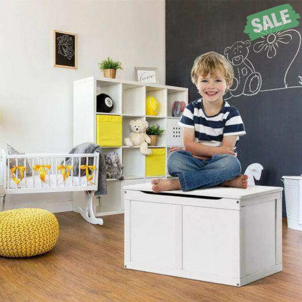 Safety Hinge Wooden Chest Organizer Toy Storage Box-White Gray Kids Storage