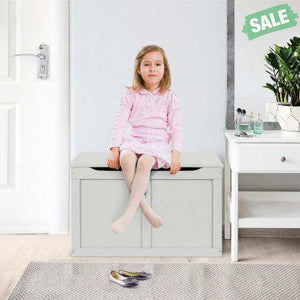Safety Hinge Wooden Chest Organizer Toy Storage Box-White Gray Kids Storage