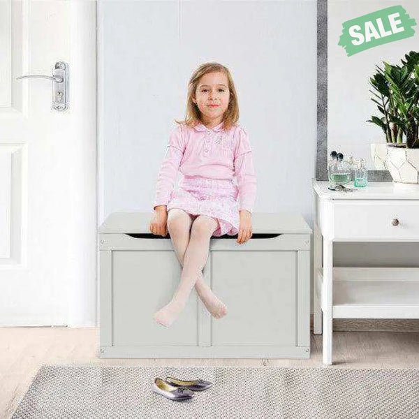 Safety Hinge Wooden Chest Organizer Toy Storage Box-White Gray Kids Storage