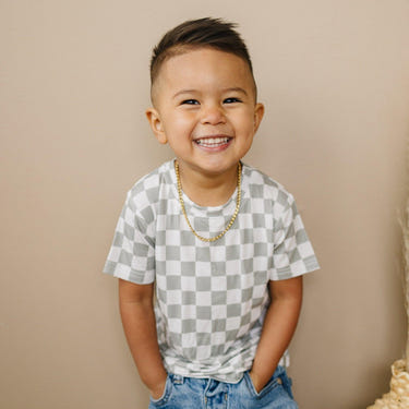 Sage Checkered Bamboo Tee for babies, sizes 3/6m & 6, main product image.