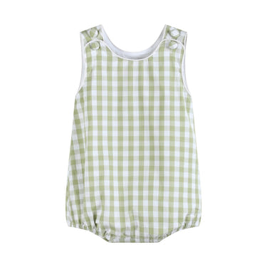 Sage green gingham classic bubble romper for babies, perfect for stylish and comfortable playtime.