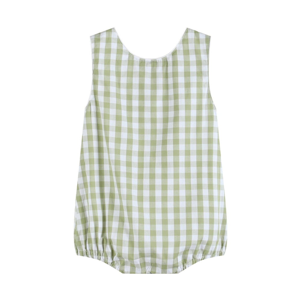 Sage green gingham classic bubble romper for babies, perfect for stylish and comfortable playtime.