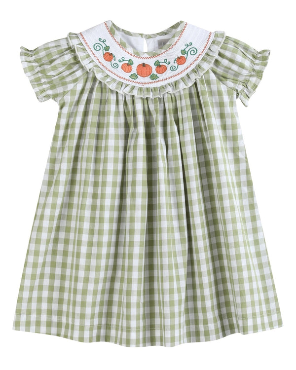 Sage Green Gingham Pumpkin Smocked Bishop Dress