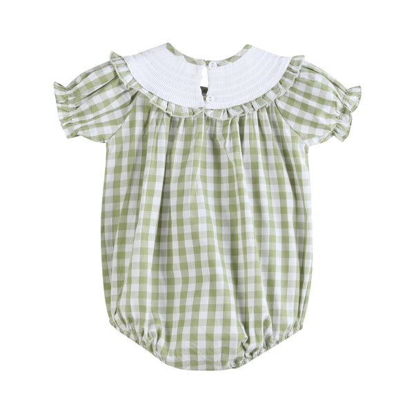 Sage Green Gingham Pumpkin Smocked Bubble Romper