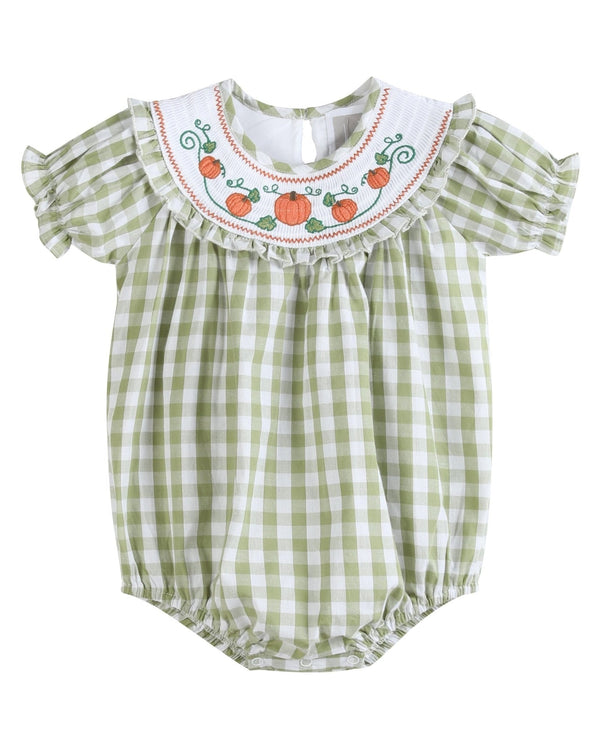 Sage Green Gingham Pumpkin Smocked Bubble Romper