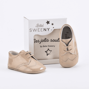Boys Beige Patent Leather Pre-Walker Lace Shoes - MOOGCO Baby