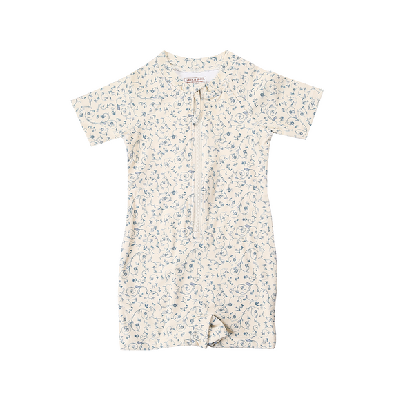 Short Sleeve Rashguard Swimsuit in Scandi Floral, UPF protection, eco-friendly, perfect for baby beachwear.
