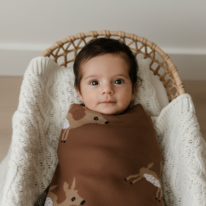 Luxury cotton deer knit swaddle baby blanket, soft and cozy, perfect for keeping your little one warm and stylish.