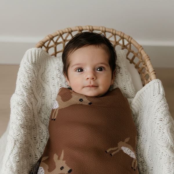 Luxury cotton deer knit swaddle baby blanket, soft and cozy, perfect for keeping your little one warm and stylish.