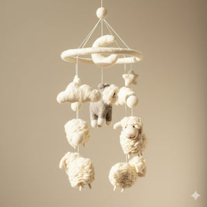 Low angle close up of the wool felt mobile showing the schnauzer, moon, and star details