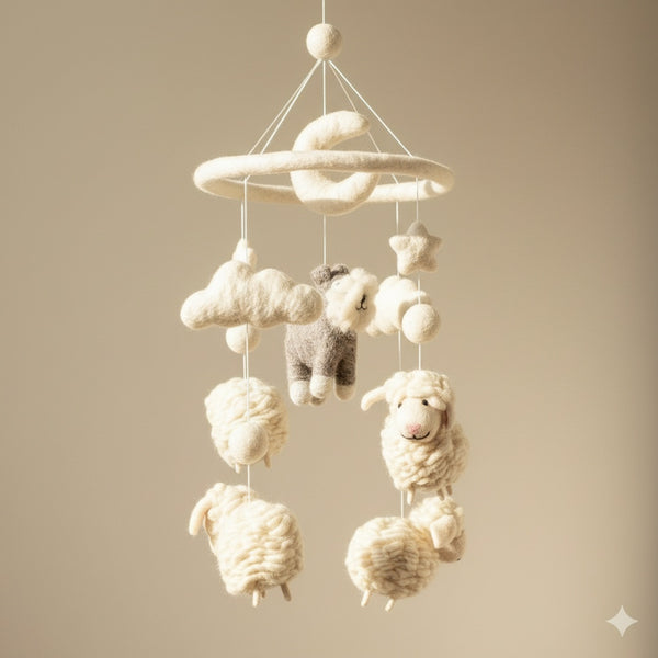 Low angle close up of the wool felt mobile showing the schnauzer, moon, and star details