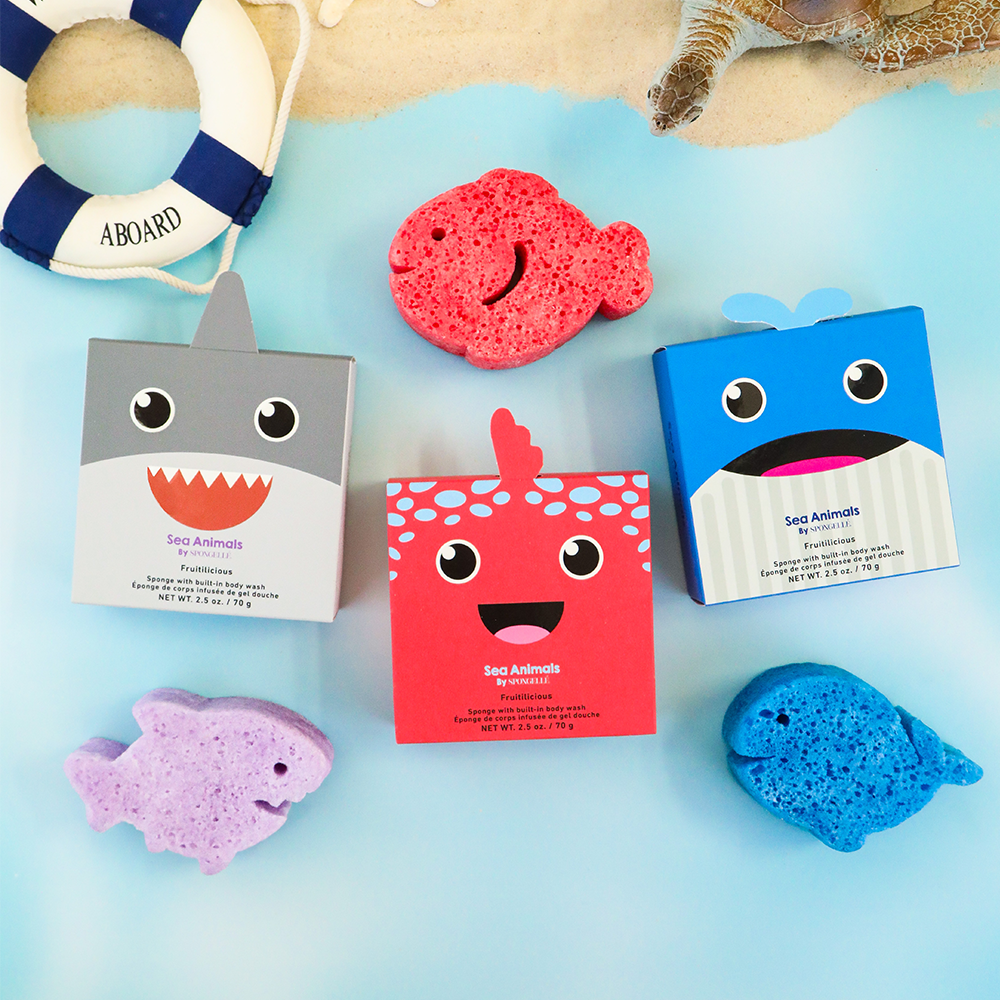 Assorted sea animals body wash infused buffer pack for gentle baby cleansing and fun bath time.