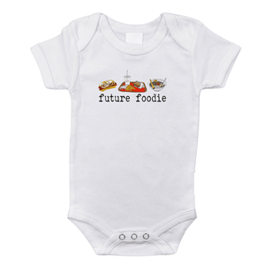 Seattle Foodie Onesie for babies, short sleeve bodysuit featuring fun food-themed design. Perfect for little food lovers!