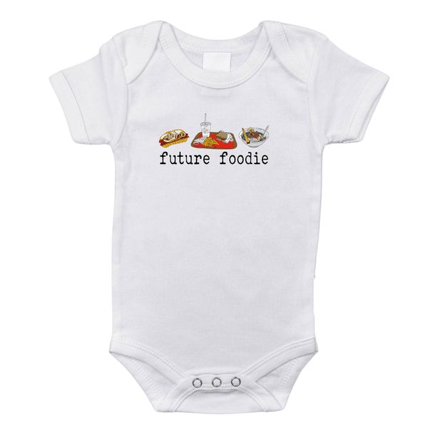 Seattle Foodie Onesie for babies, short sleeve bodysuit featuring fun food-themed design. Perfect for little food lovers!