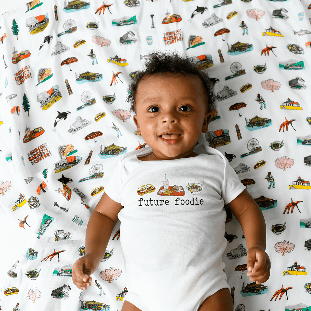 Seattle Foodie Onesie for babies, short sleeve bodysuit featuring fun food-themed design. Perfect for little food lovers!