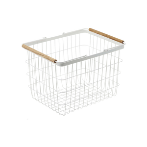Stylish steel and wood wire basket for laundry, available in two sizes, shown from angle 5.