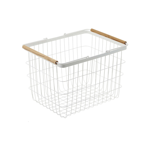 Stylish steel and wood wire basket for laundry, available in two sizes, shown from angle 5.