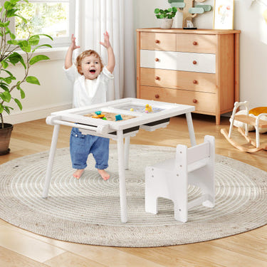 Sensory table and chair set for kids 2-8 with foldable bins, perfect for playtime and learning activities.
