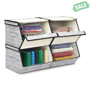 Set of 4 Storage Bins Stackable Cubes with Lid-Gray Black Kids Storage