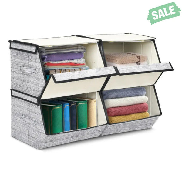 Set of 4 Storage Bins Stackable Cubes with Lid-Gray Black Kids Storage