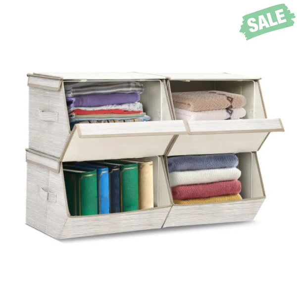 Set of 4 Storage Bins Stackable Cubes with Lid-Gray Brown Kids Storage