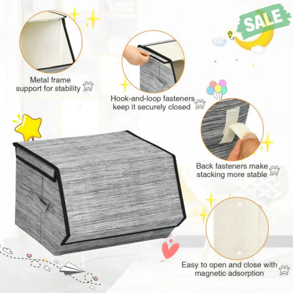 Set of 4 Storage Bins Stackable Cubes with Lid-Gray Kids Storage