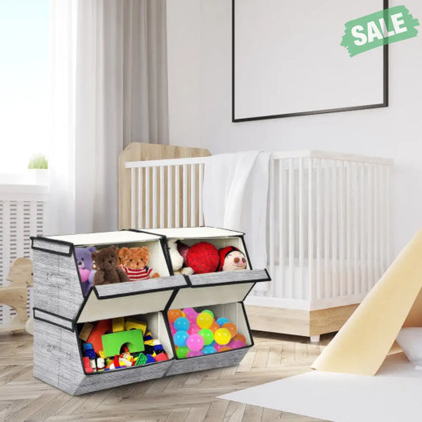 Set of 4 Storage Bins Stackable Cubes with Lid-Gray Kids Storage