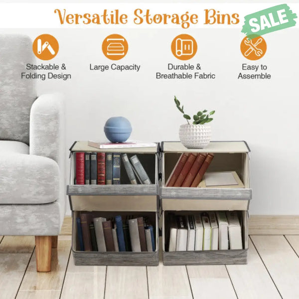 Set of 4 Storage Bins Stackable Cubes with Lid-Gray Kids Storage