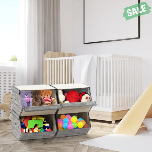 Set of 4 Storage Bins Stackable Cubes with Lid-Gray Kids Storage