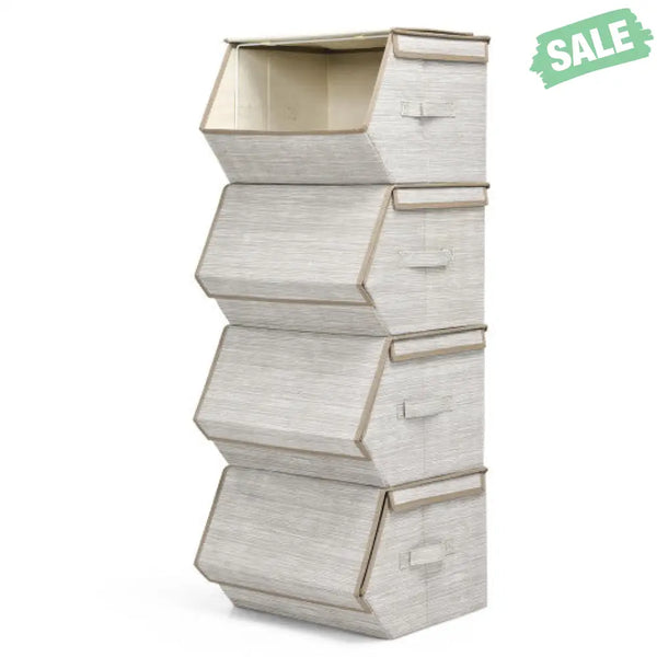Set of 4 Storage Bins Stackable Cubes with Lid-Gray Kids Storage