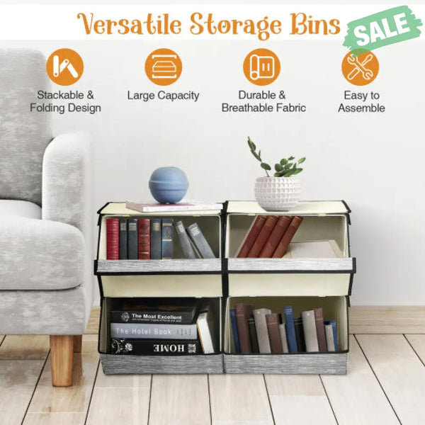 Set of 4 Storage Bins Stackable Cubes with Lid-Gray Kids Storage