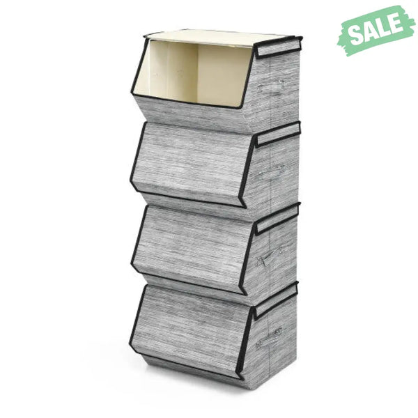 Set of 4 Storage Bins Stackable Cubes with Lid-Gray Kids Storage