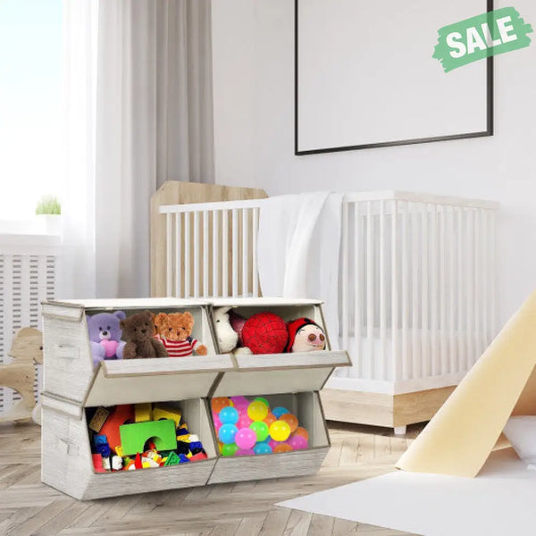 Set of 4 Storage Bins Stackable Cubes with Lid-Gray Kids Storage