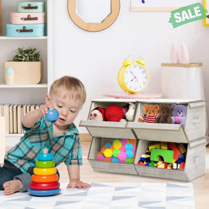 Set of 4 Storage Bins Stackable Cubes with Lid-Gray Kids Storage
