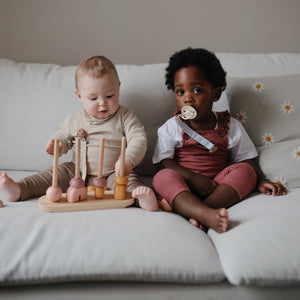 Mushie Linen Pacifier Clip 2-Pack linen clips faux wood clasp