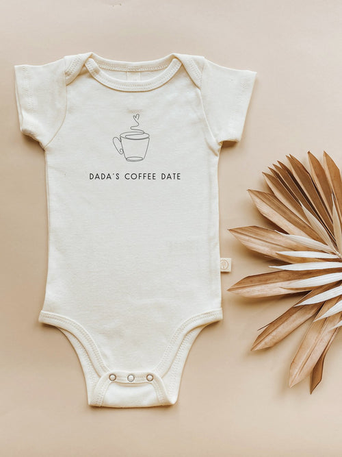 Dada's Coffee Date Organic Baby Bodysuit - Short Sleeve, Angle 4 view, perfect for stylish and eco-friendly infants.
