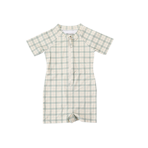 Short Sleeve Rashguard Swimsuit in Fern Plaid, UPF protection, eco-friendly, perfect for baby beachwear.