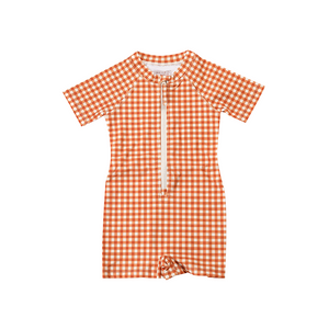 Short Sleeve Rashguard Swimsuit in Sienna Gingham, UPF protection, eco-friendly design for babies.