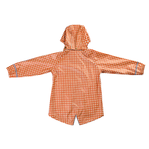 Fishtail rain jacket in sienna gingham for babies, showcased at angle 3, perfect for stylish rainy day outings.