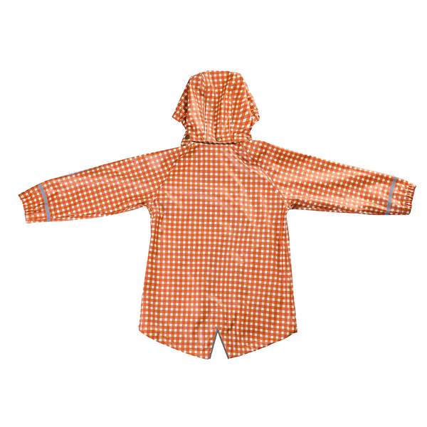 Fishtail rain jacket in sienna gingham for babies, showcased at angle 3, perfect for stylish rainy day outings.