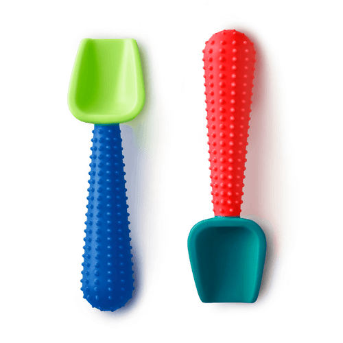 SiiliKids Silicone Baby Spoons 2pk, angle view, soft, safe for infants, perfect for mealtime.
