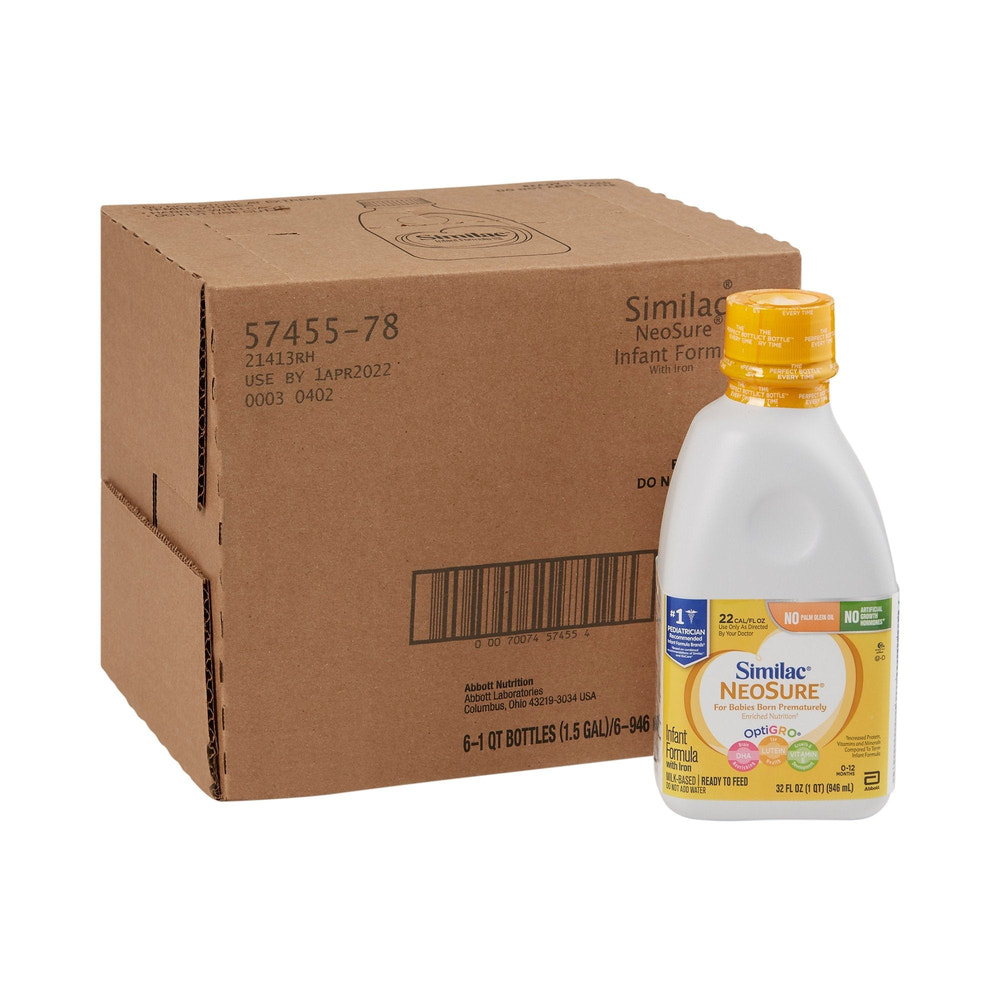 Similac NeoSure Premature Infant Formula, 32-fl-oz ready-to-feed bottle for post-discharge nutrition.