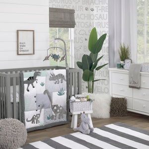 Baby-Saurus Photo Op ROAR White, Gray, and Green Dinosaur with Clouds Nursery Fitted Crib Sheet