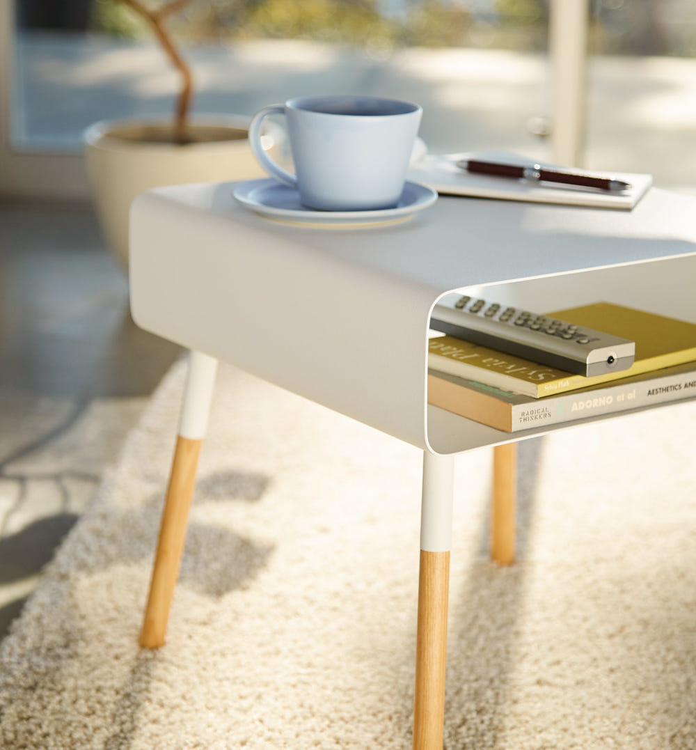 Tall steel and wood storage table (23" H) for baby essentials - stylish end and side table.
