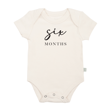 Charcoal short sleeve bodysuit for six months milestone, featuring a cute graphic design.