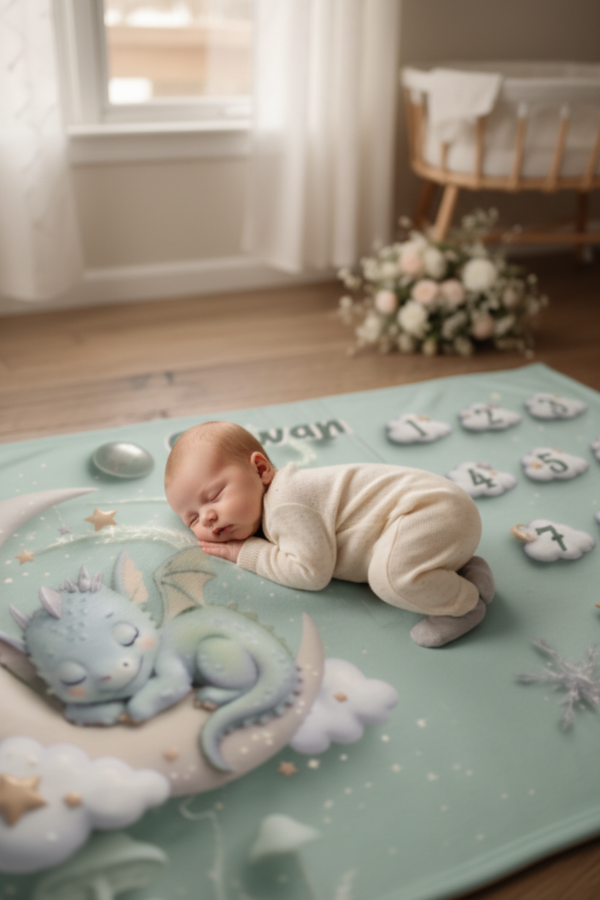 Personalised Baby Milestone Blanket | Sleeping Dragon & Moon 3D Deluxe