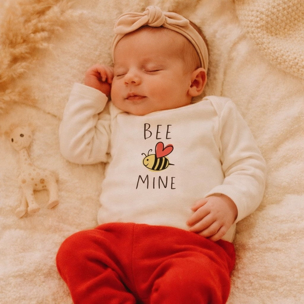 Long sleeve graphic bodysuit "Bee Mine" for babies, perfect for comfort and style.