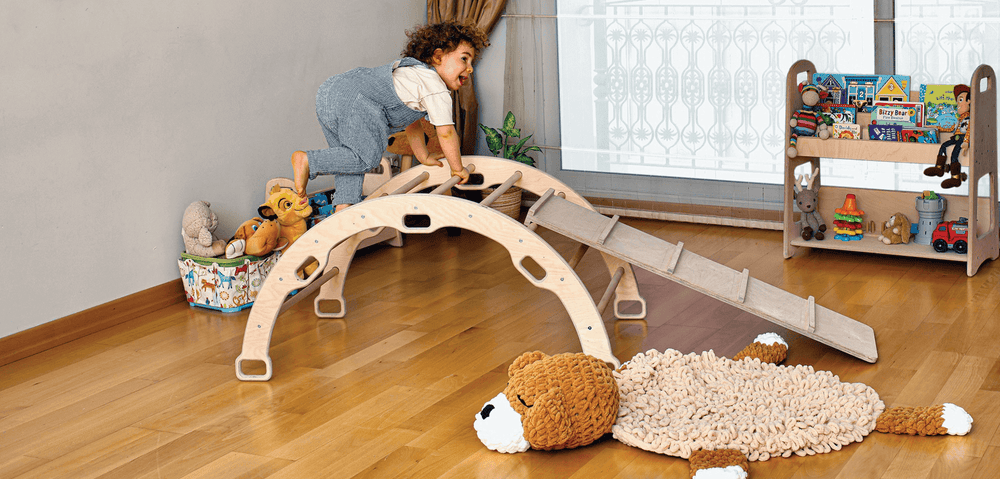 Montessori climbing arches and ramps for babies, promoting active play and development.