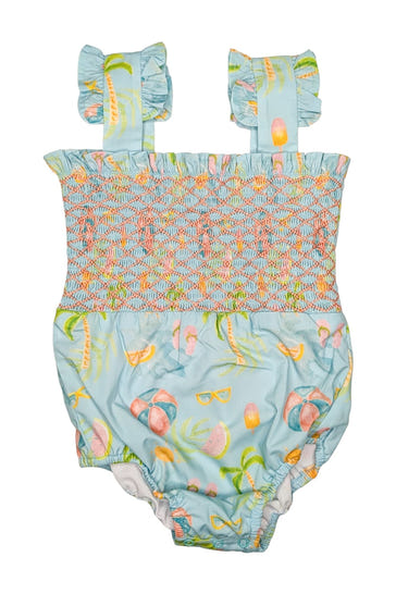 "Tropical Tides girl's swimwear featuring vibrant colors and playful patterns for summer fun."